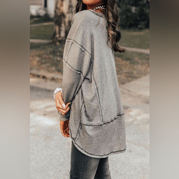 Gray Contrast Waffle Knit V-Neck Drop Shoulder Top - Picture 4 of 4
